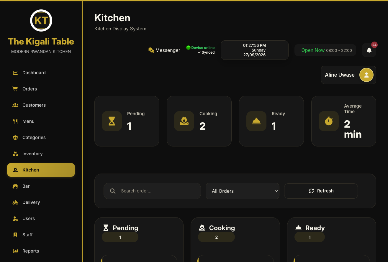 SADA kitchen display with tickets in preparation order