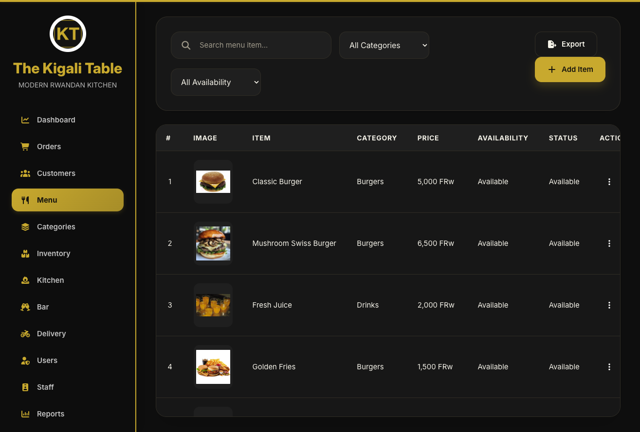 SADA menu management with items, prices and photographs