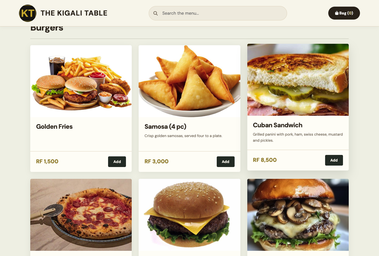 A published SADA customer website menu with real dishes and prices